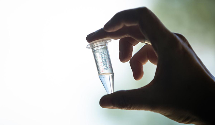 Hand holding a clear plastic saliva sample container