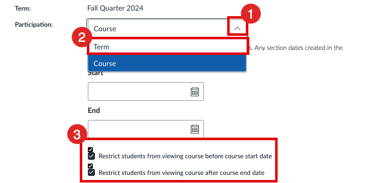 Canvas Course Settings, Selecting Term