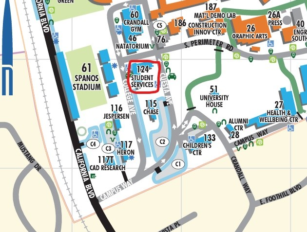 Map of southwest corner of campus, showing Career Services Building 124.