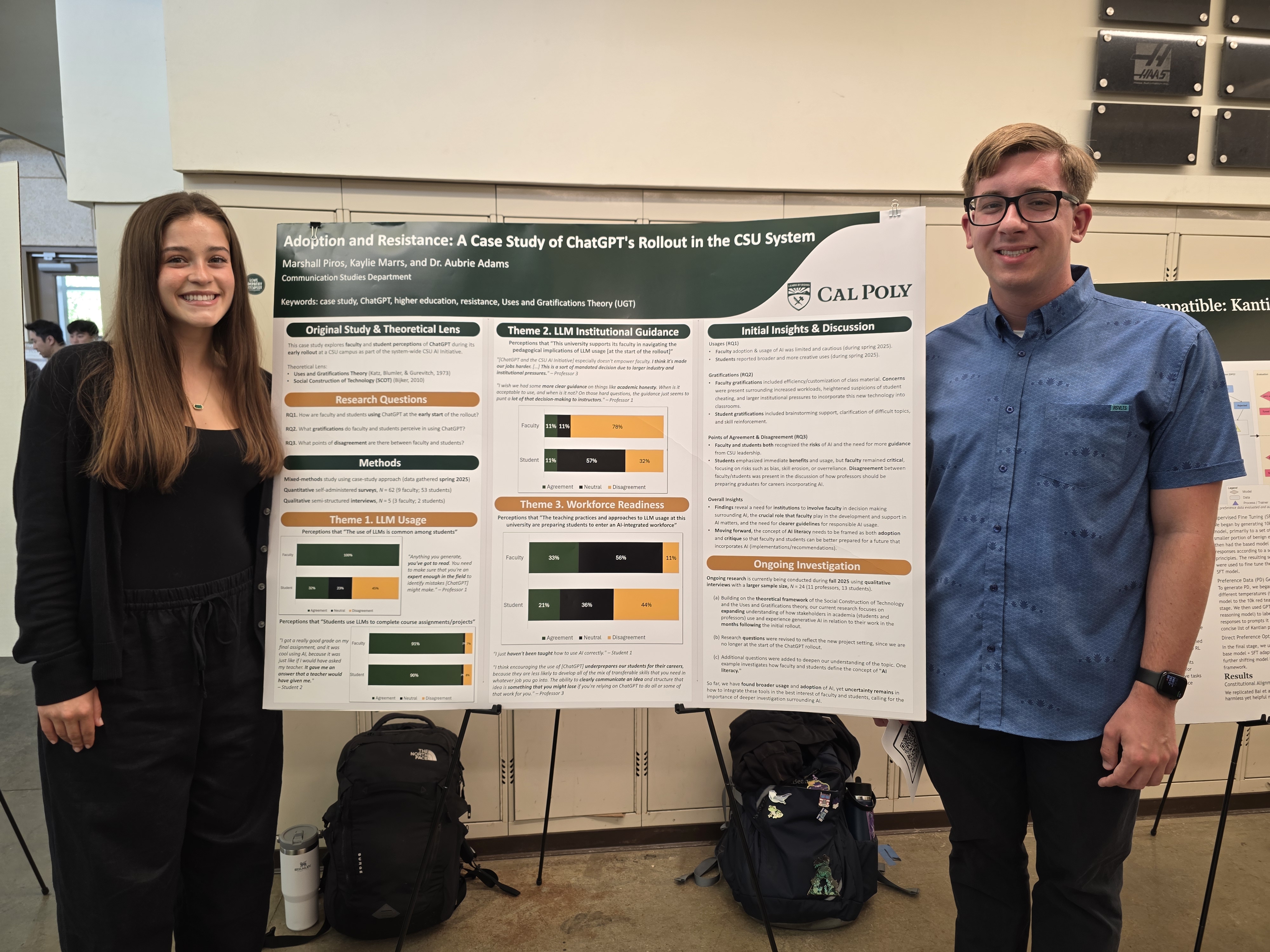COMS Students Marshall Piros and Kaylie Miros standing in front of an AI-related research poster