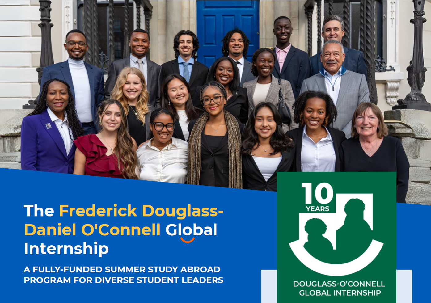 A diverse group of scholars smiling with text outlining the fully funded Global Internship program