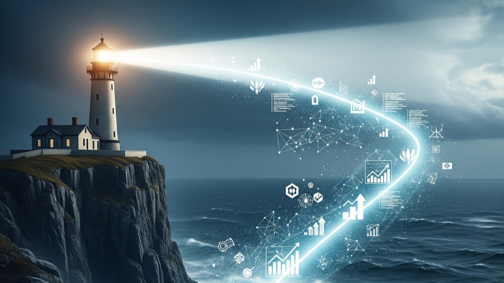 A lighthouse with abstract imagery of data analytics and graphs