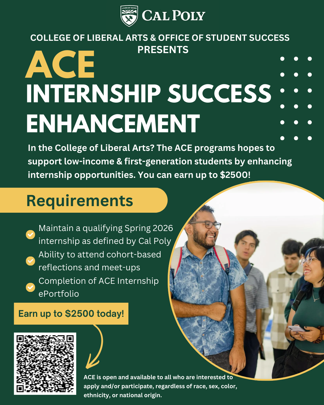 Flyer describing ACE internships with a picture of smiling students