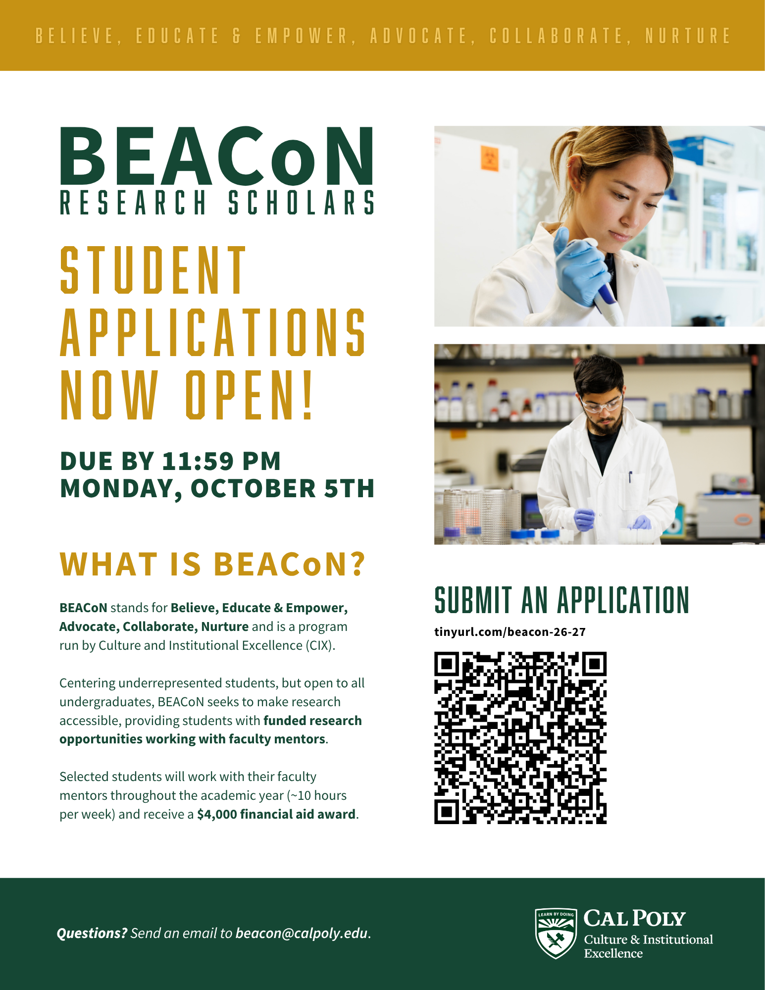 A flyer announcing applications to apply for BEACoN