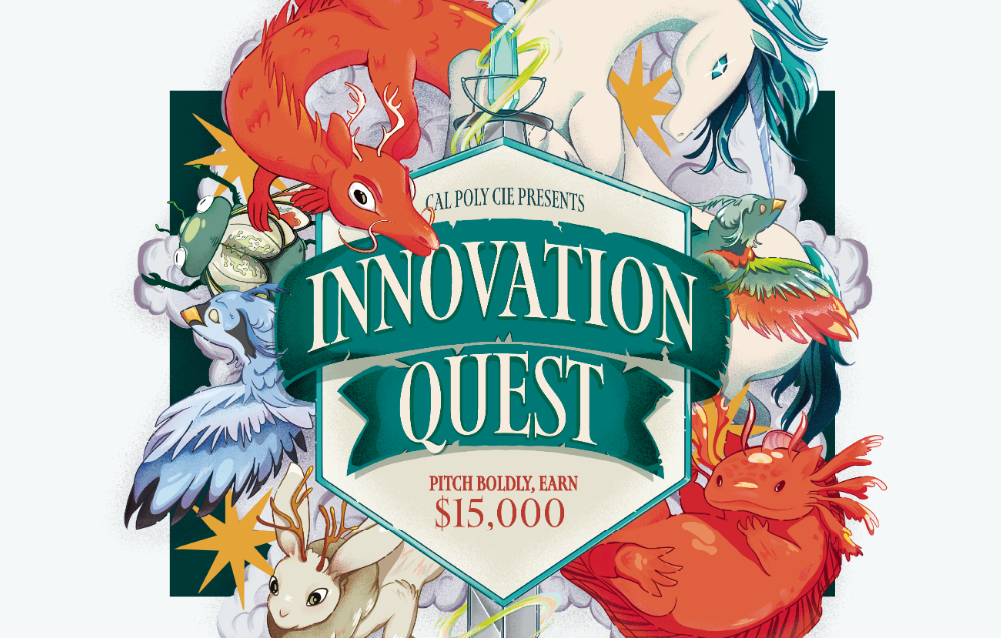 A picture with cute mythological creatures behind the Innovation Quest logo