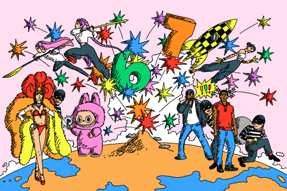 A bright comic book-like image featuring various pop culture references