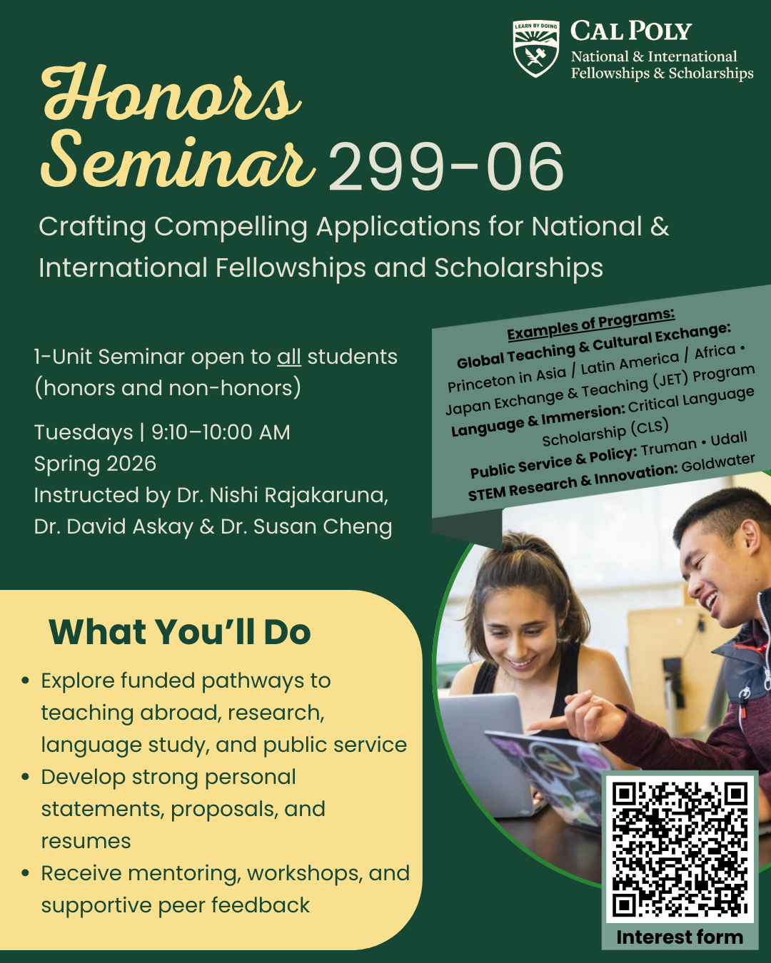 Honor seminar flyer featuring information and a picture of smiling students