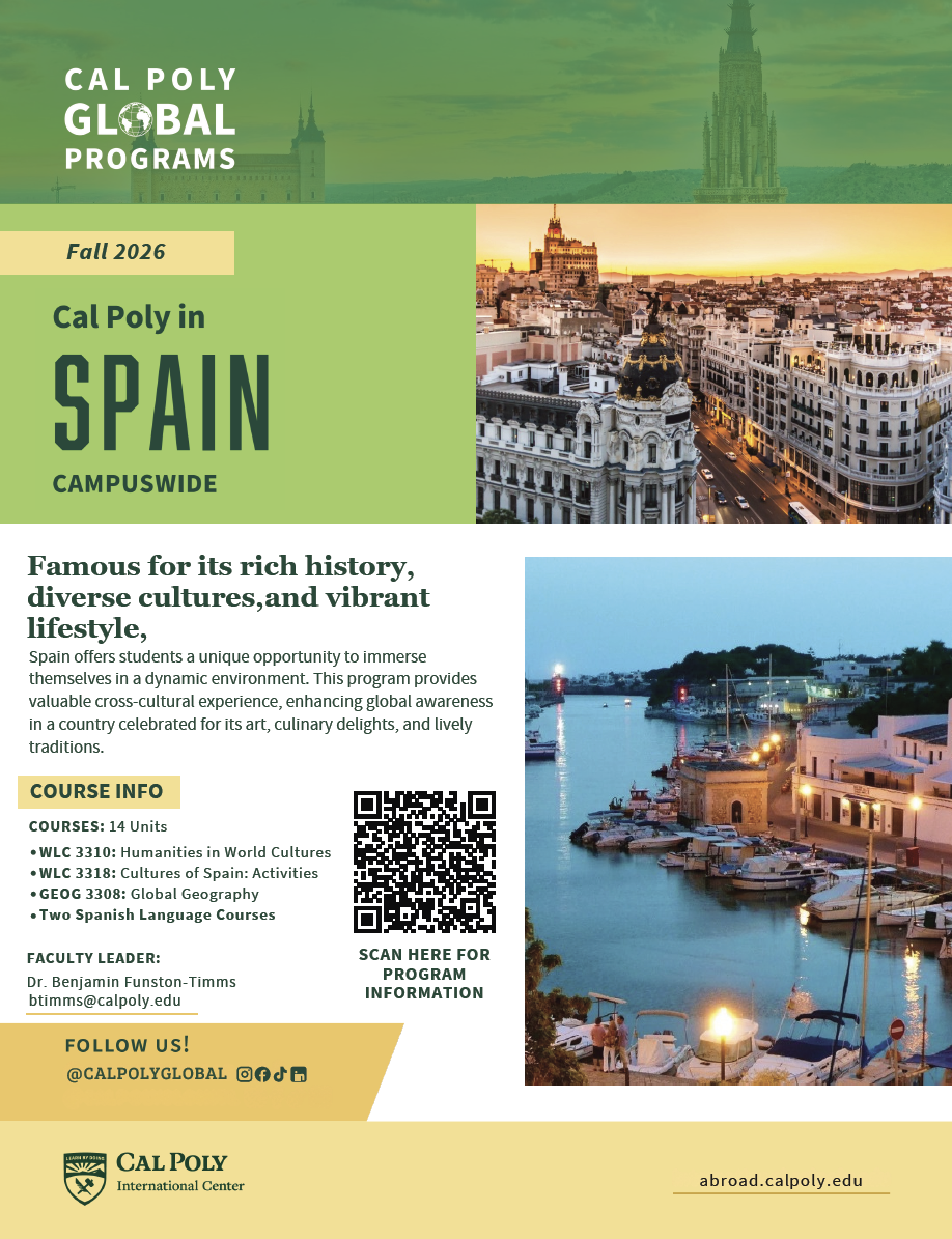 A flyer about the global study abroad program in Spain featuring pictures of the city