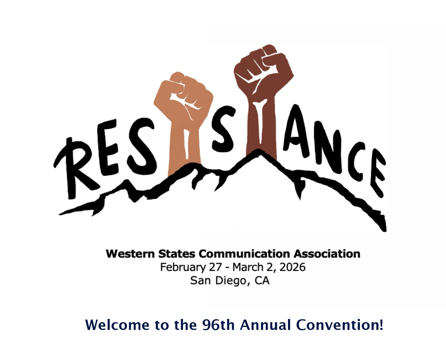 WSCA San Diego Conference logo depicting a mountain with raised clipart fists to indicate the theme of "resistance"