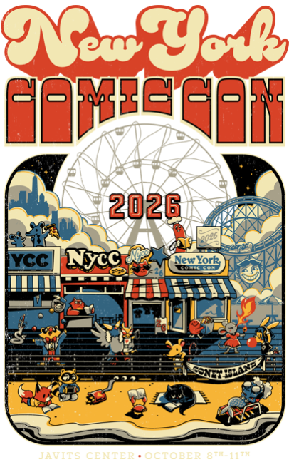 The Logo of New York Comicon depicting a Ferris wheel in a city