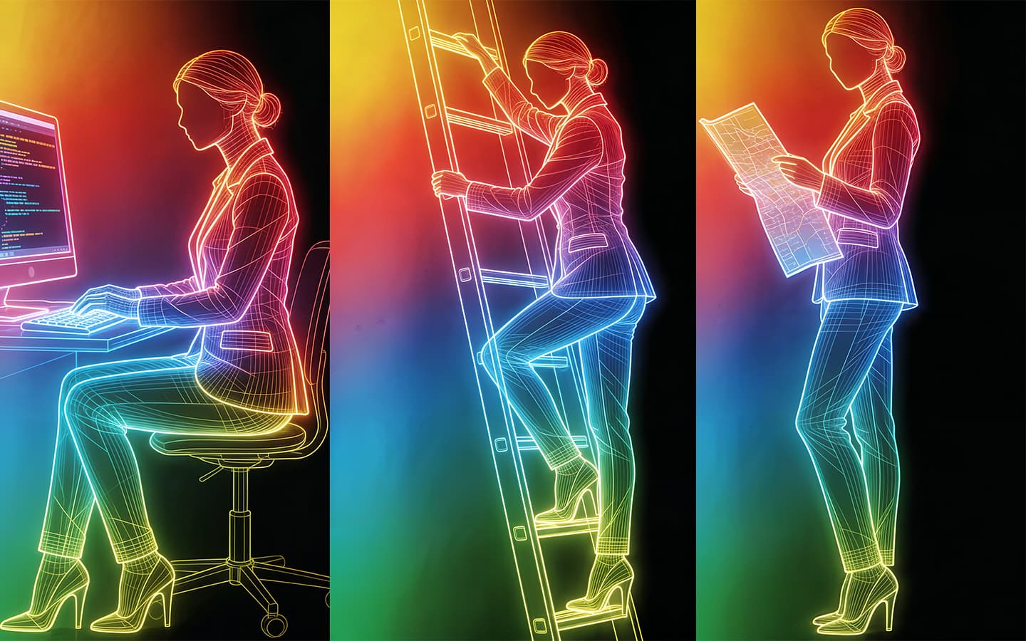 A collage with a colorful clipart image of a woman working at a computer, climbing a leader, and reading a newspaper