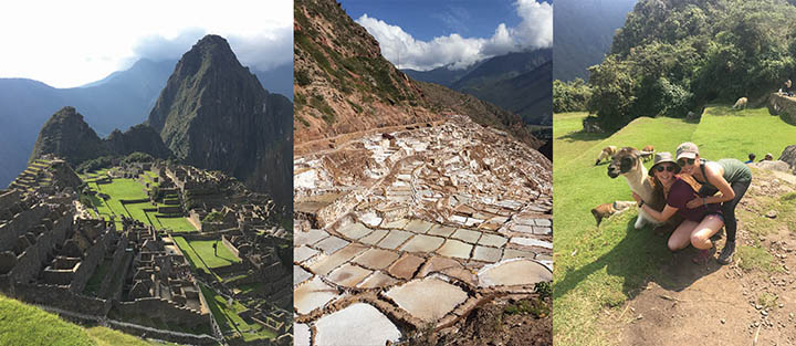 Machu Picchu; salt flats in Maras, Peru; Elisabeth Marciano (left) and Lia Arambula with a friendly llama