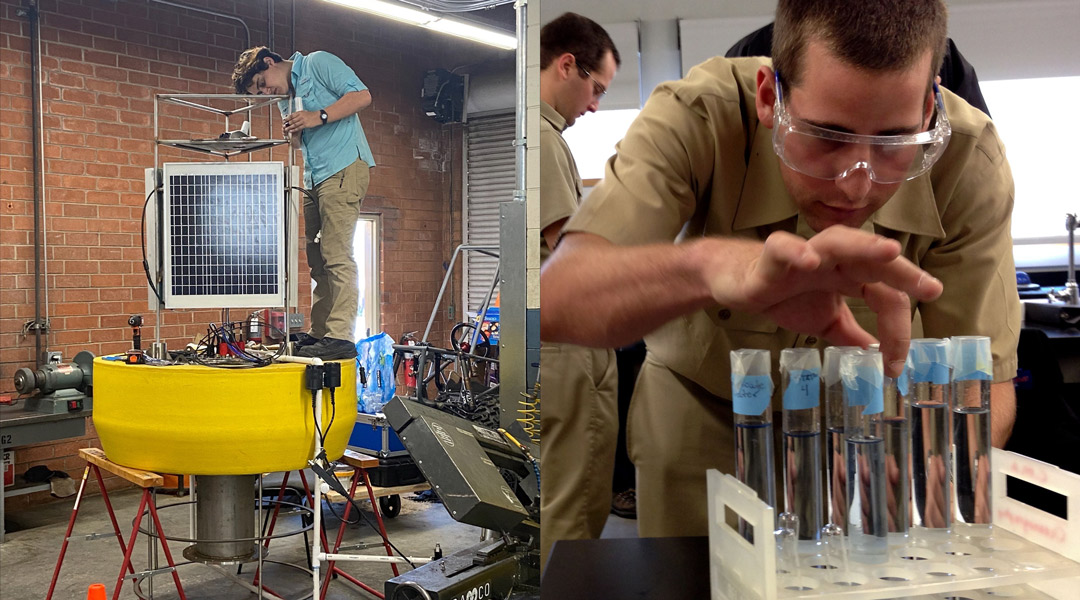 Split image showing two Oceanography students doing research