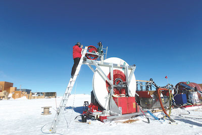 The Askaryan Radio Array drilling team assembles the final working pieces of the hot water drill that  will create 200 meter holes in the ice to deploy radio antennas.