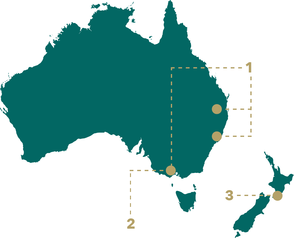 A mono-colored map of Australia with 3 dots labeled 1-4, with one dot being 3 and 4