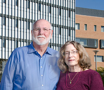 Jim Hare and Betsy McCullough in front of the Baker Center