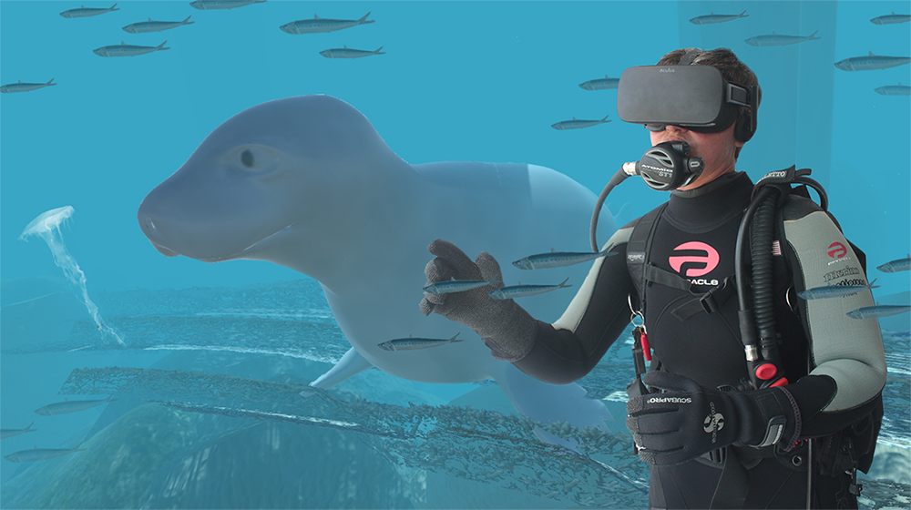 A student with a VR headset makes their way through a virtual school of fish.