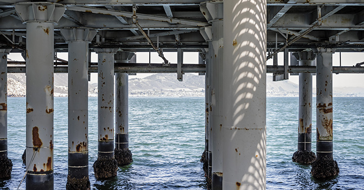 Support beams underneath Cal Poly pier