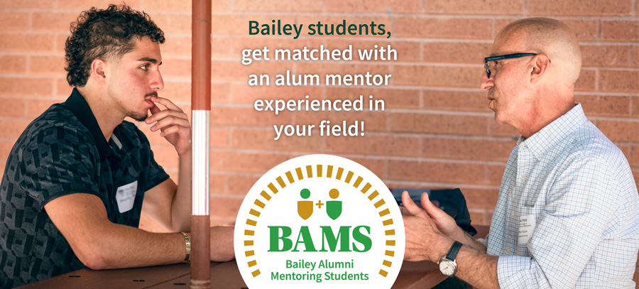Bailey College of Science and Math alumni mentoring student. Text reads "Bailey students, get matched with an alum mentor experienced in your field!"