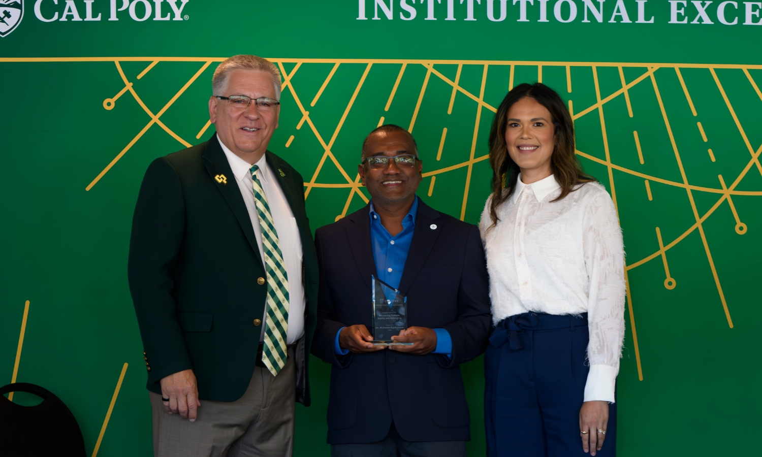 Dr. Nishanta Rajakaruna with President Armstrong and Dr. Beya Makekau at the 2026 Institutional Excellence Awards.