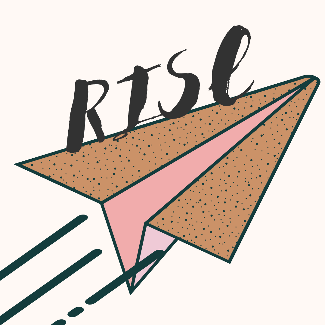 a brown and pink paper airplane is flying with text that reads "RISE"