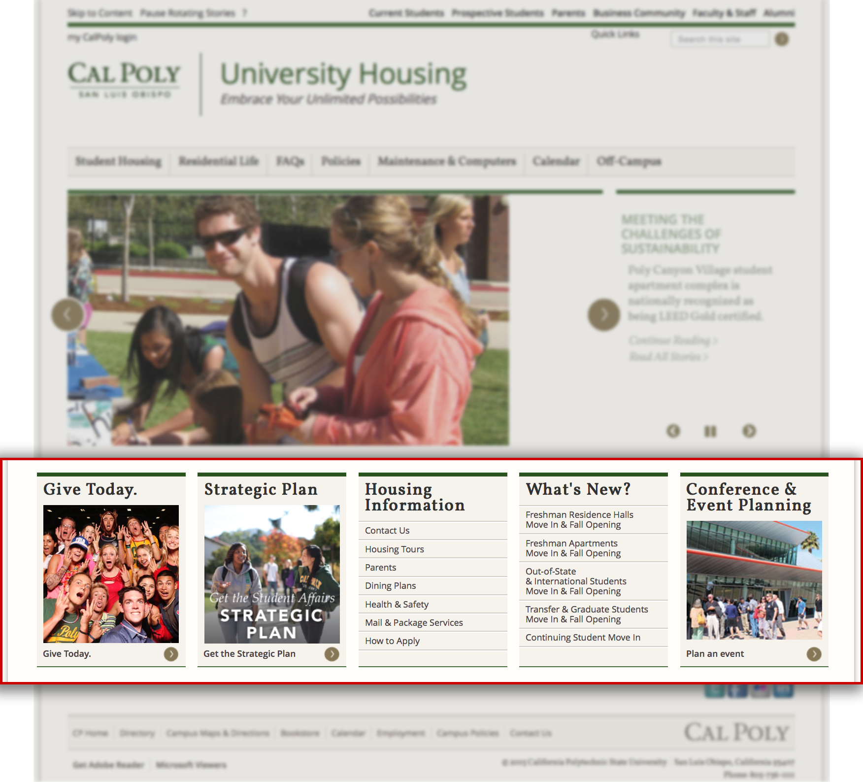 University housing home page with the highlighted header.