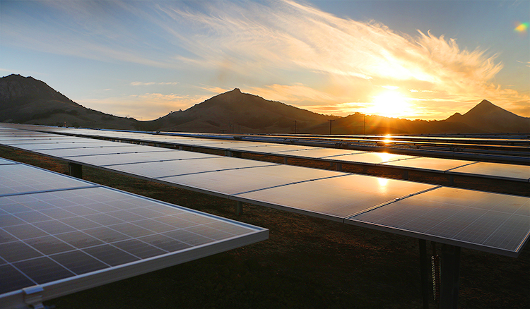 Solar farm with hills and sunset background