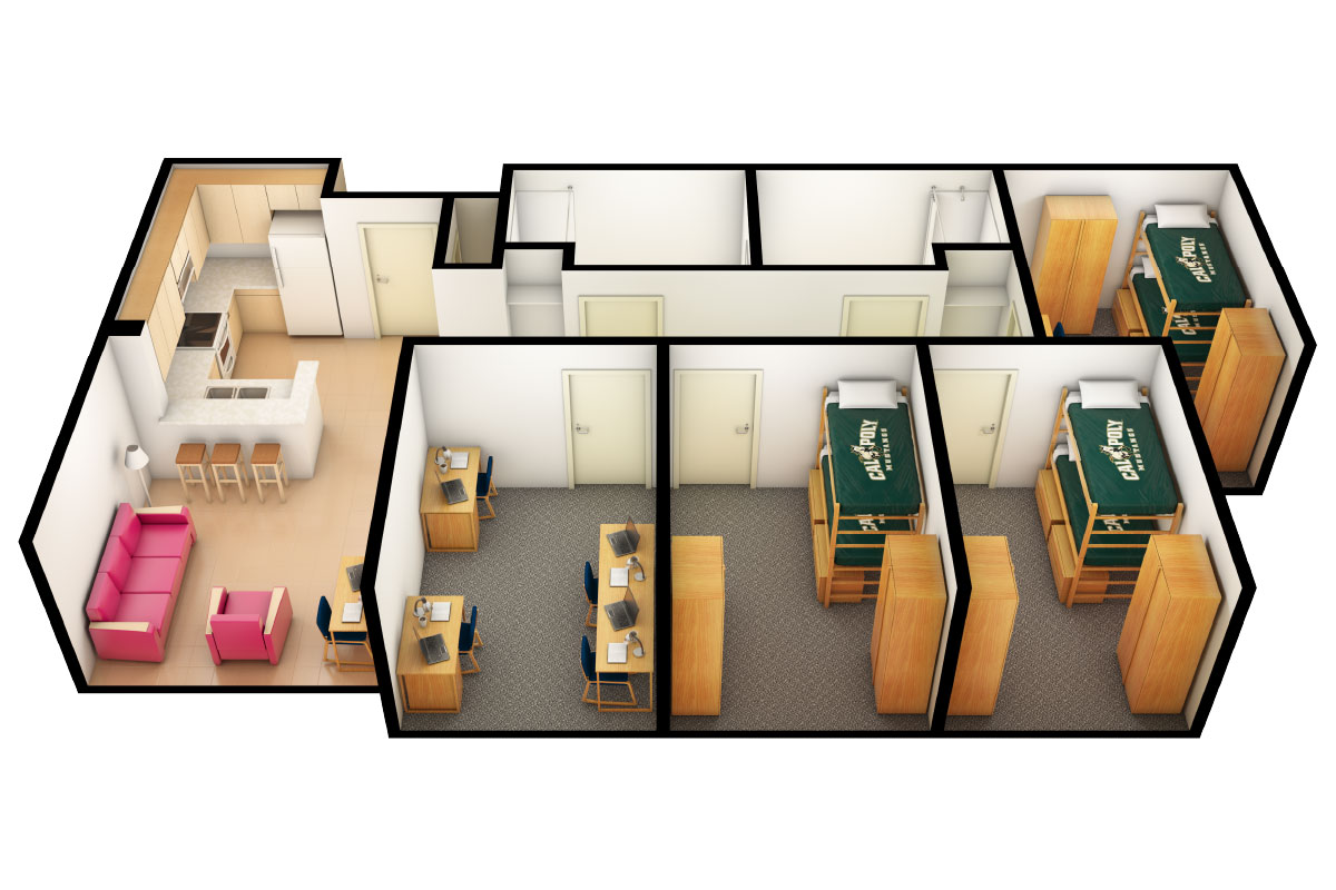 Poly Canyon Village floor plan apartment for six, which includes three shared bedrooms with a bunked bed in each room.