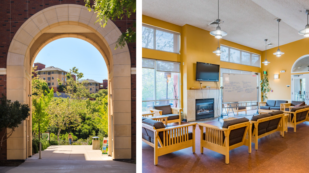 View from Poly Canyon Village and a look inside the Cerro Vista Apartments Community Center.
