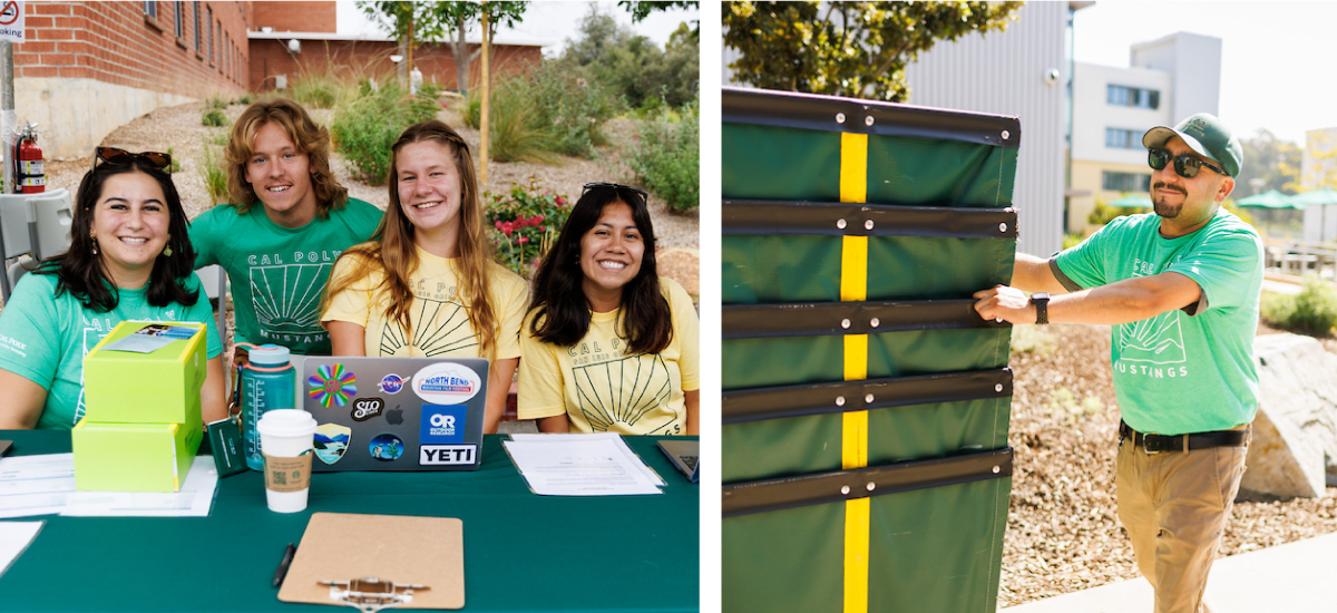 A group of volunteers at the check-in table and one volunteer pushing bins during Mustang Move-in.