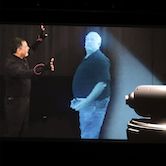 LAES Directors Michael Haungs and David Gillette with FRIDA in the James and Felicia Cashin Expressive Technology Studios Demonstration