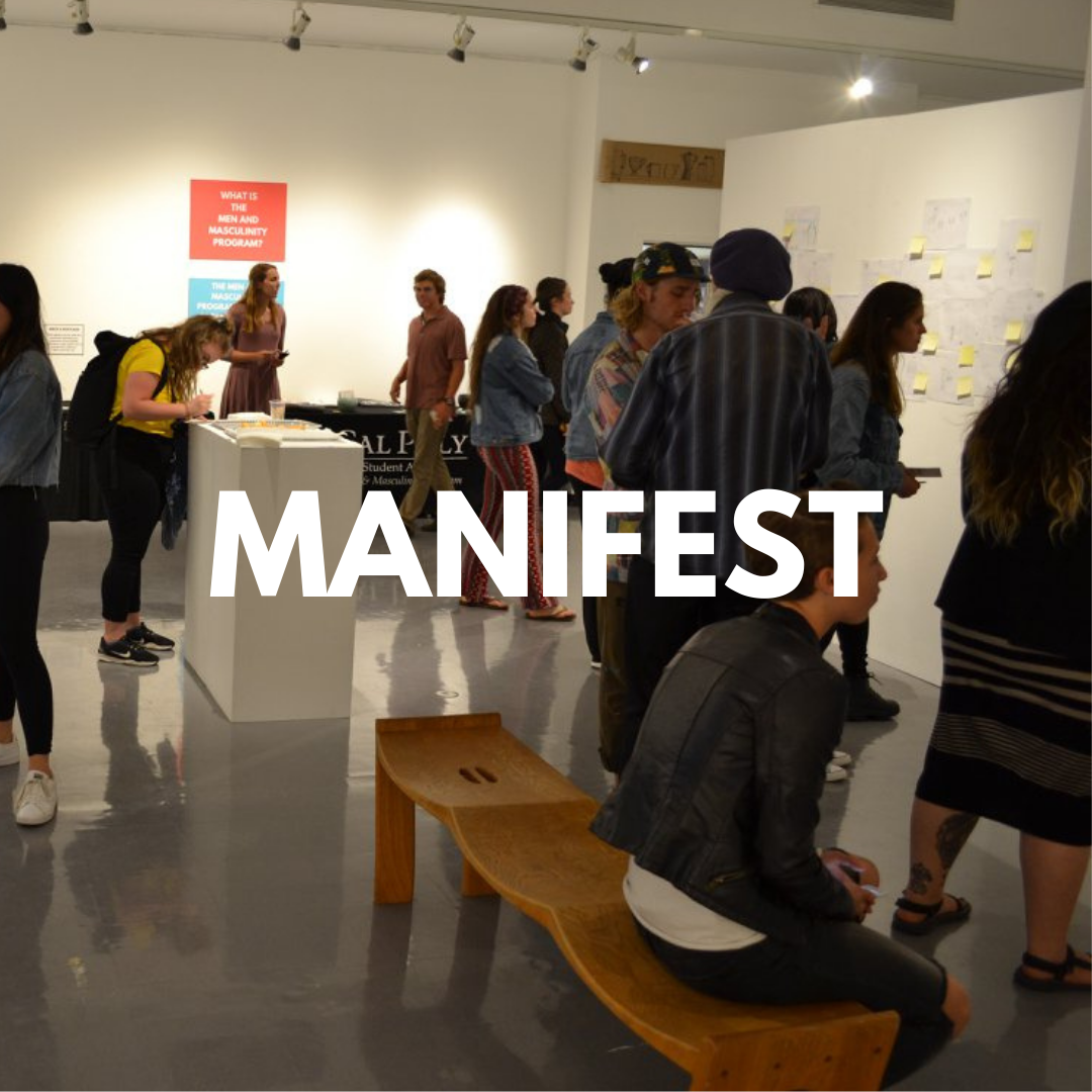 Photo of several people walking around an art gallery, the word "Manifest" is written in the center of the image.