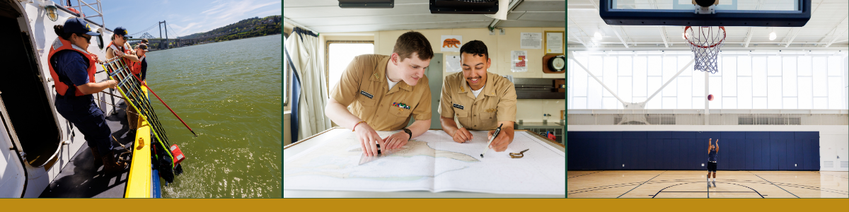 Photos of students working on a training ship and playing basketball.