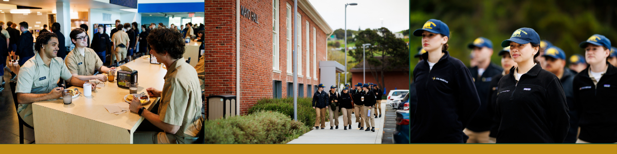 Students eat in the dining hall, walk by Mayo Hall and stand in formation at Cal Poly Maritime Academy.
