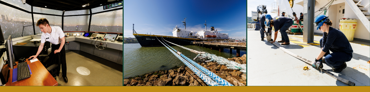 Photos of Maritime students in the simulation lab and on the Golden Bear training ship.