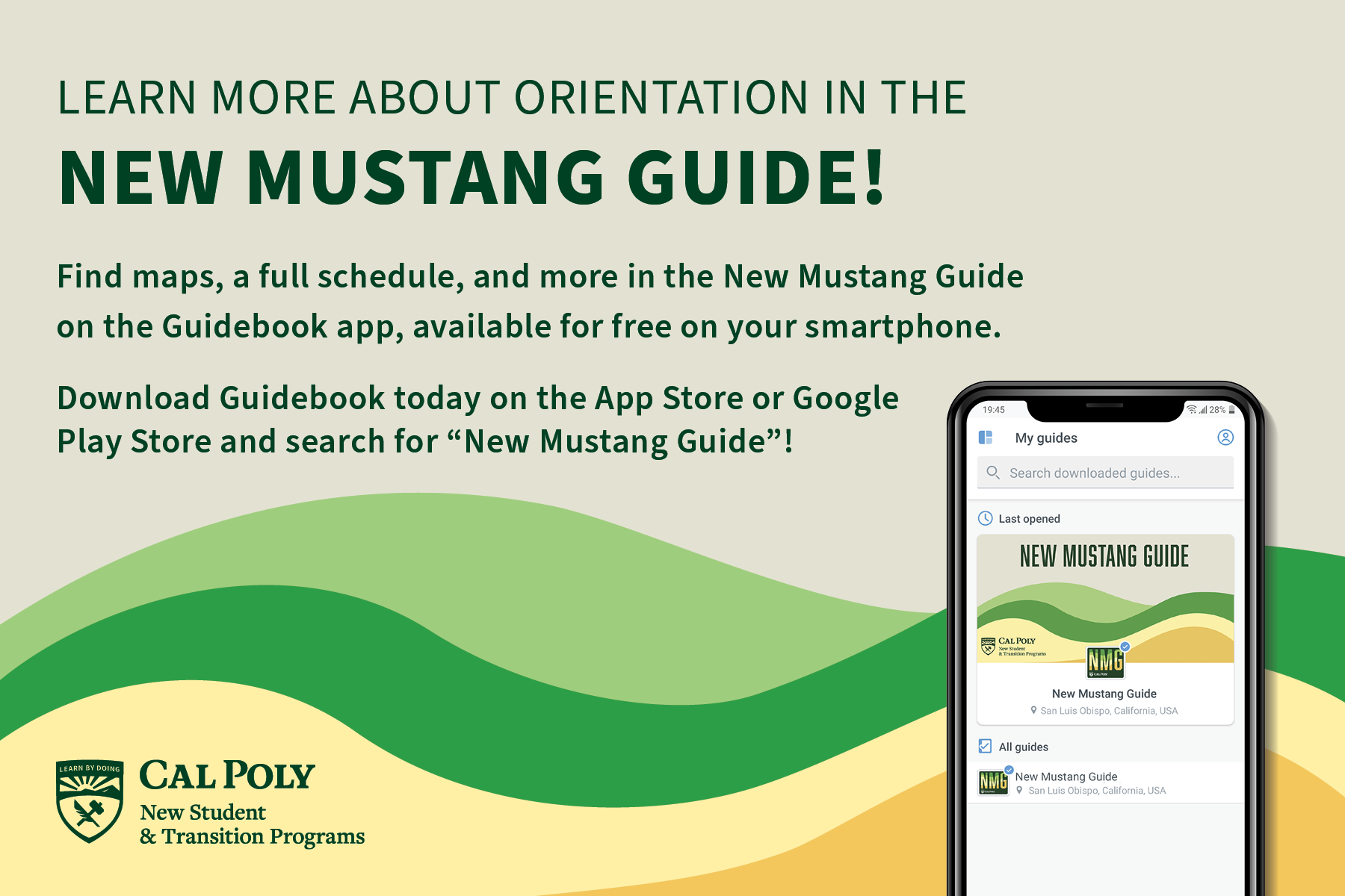 Graphic with text about the new mustang guide and an image of a phone