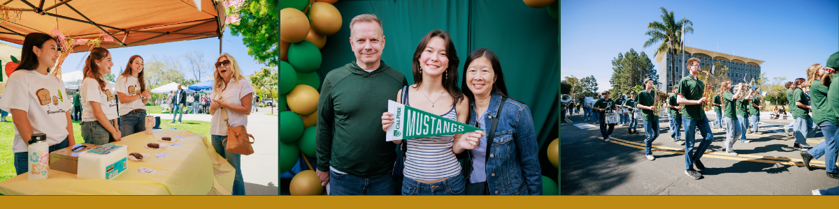 Left to right, Students speak to a guest at a booth during the club fair, a new Mustang poses with supporters and the Cal Poly Marching Band performs during the Open House parade.