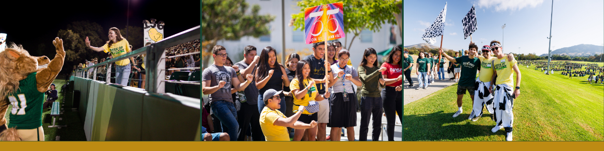 Three photos of students during Week of Welcome at Spanos Stadium, in the UU during the Cross-Cultural Experience and finding their groups on the Sports Complex fields.