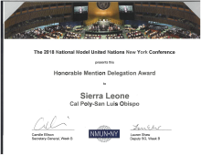 2018 Cal Poly MUN Award Model UN Studens in New York and LA