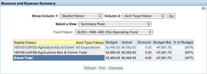 Example of the Revenue and Expense Summary request