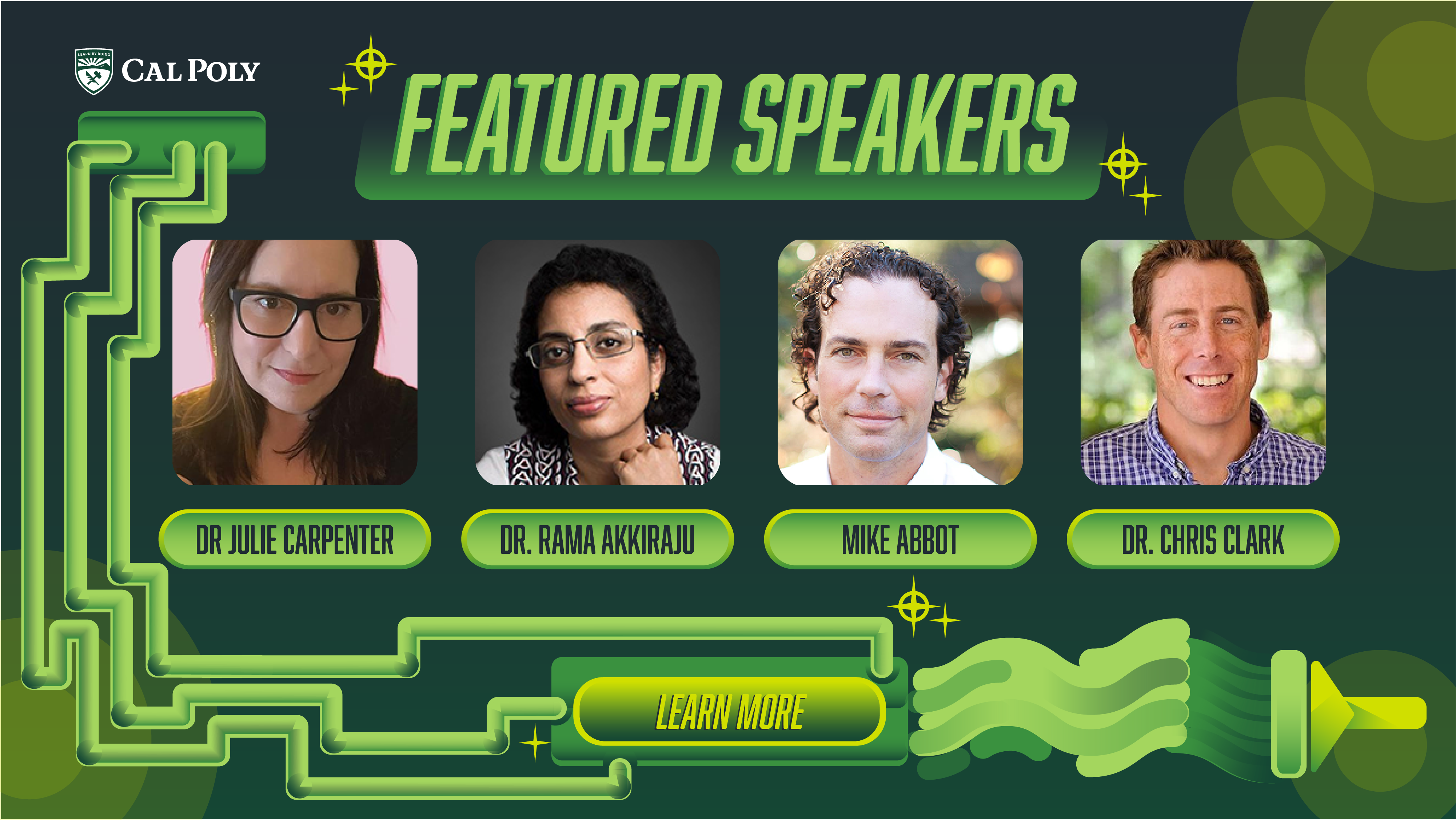 Official flyer for all of the featured speakers at the AI Symposium with a link to jump straight to their text biographies