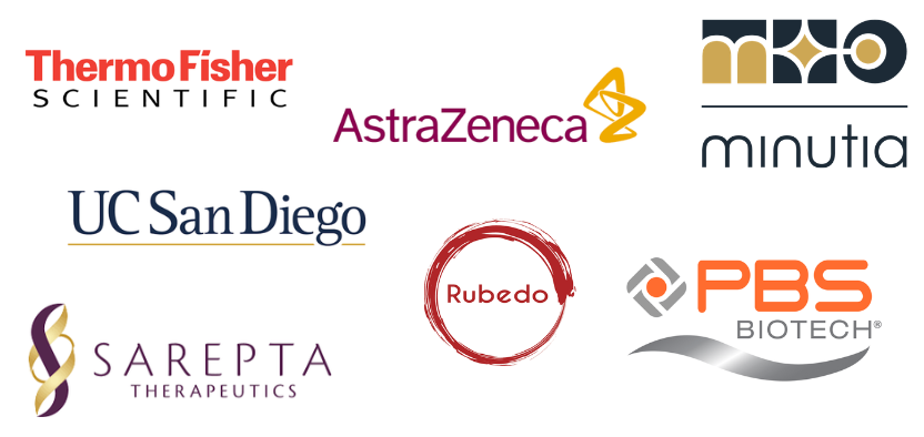 Collage of logos for current internship site placement. Internship sites include biotechnology companies Thermo Fisher Scientific, AstraZeneca, Minutia, Sarepta Therapeutics, Rubedo Life Sciences, and PBS Biotech. Academic sites include UC San Diego.