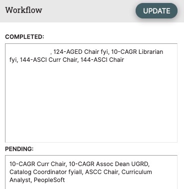 Completed workflow window example with Update button