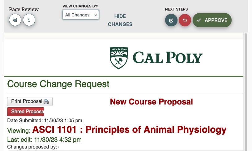 New Course Proposal example with red text and green Approve button