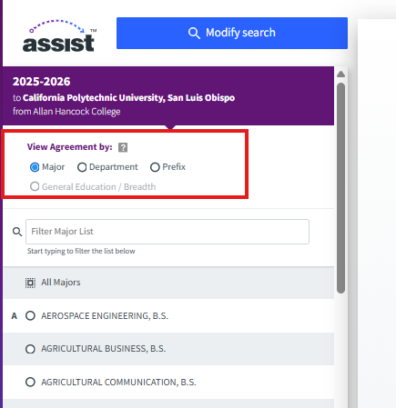 assist screenshot of selecting major, department or prefix