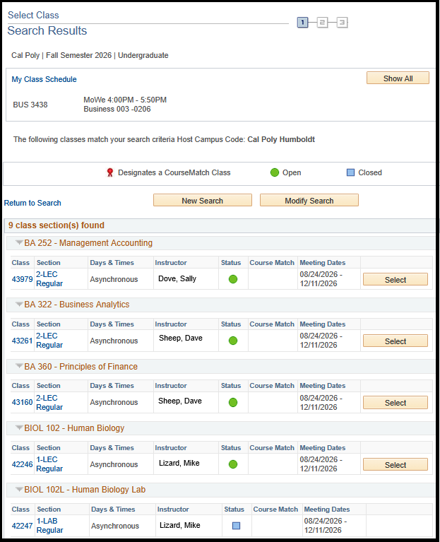 Class Search Results