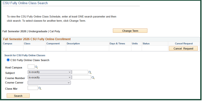 CSU Fully Online class search screen