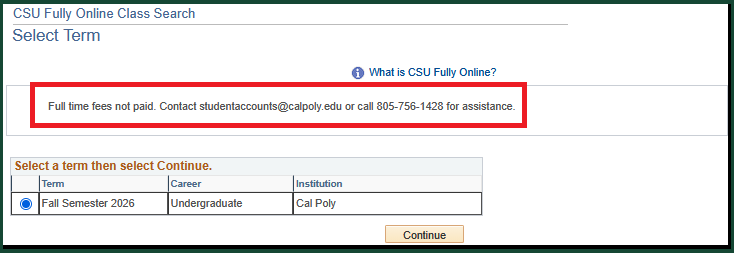 Full time fees not paid error message