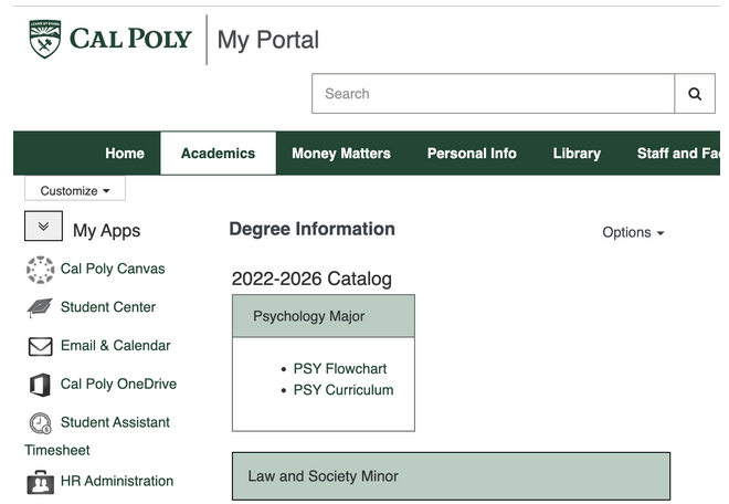Cal Poly Catalog example in the Academics tab