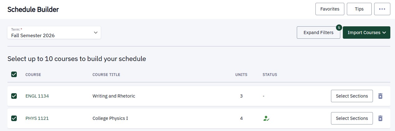 Main Schedule Builder home page that displays selected courses.